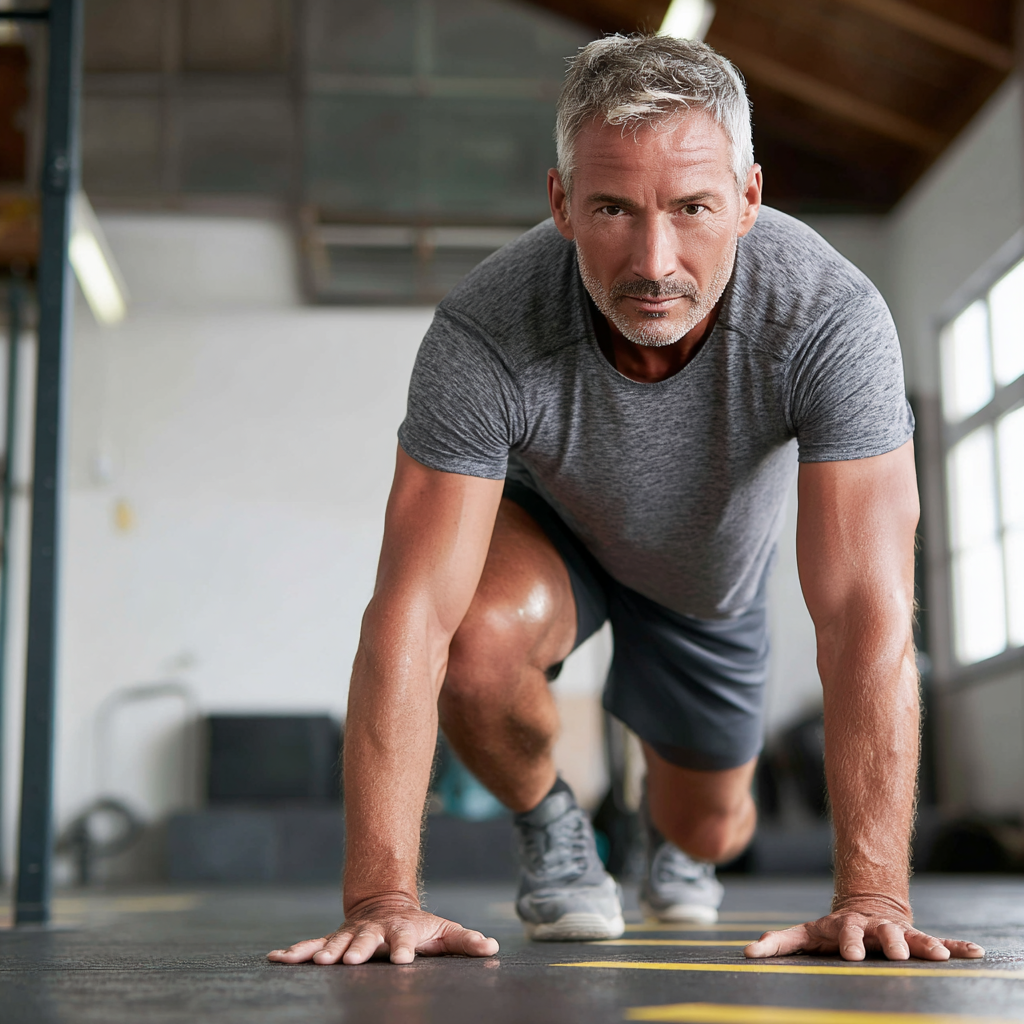 focused middle-aged man performing functional movement exercises